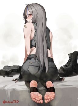 1girl absurdres ass barefoot blush boots citrusted feet fingerless_gloves gloves grey_hair highres long_hair looking_at_viewer looking_back open-toe_boots red_eyes shoes soles steam stirrup_legwear sweat toeless_legwear toes unworn_boots unworn_shoes