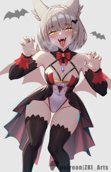 1girl alternate_costume animal_ears bat_wings cat_ears chest_jewel grey_hair halloween halloween_costume highres leotard long_tongue looking_at_viewer nia_(xenoblade) short_hair solo thighhighs tongue tongue_out vampire wings xenoblade_chronicles_(series) xenoblade_chronicles_2 yellow_eyes z-ki