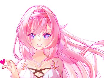 1girl bare_shoulders blue_eyes breasts chinese_commentary cleavage commentary_request commission elysia_(honkai_impact) elysia_(miss_pink_elf)_(honkai_impact) elysia_(summer_miss_elf)_(honkai_impact) hairband heart honkai_(series) honkai_impact_3rd jewelry large_breasts long_hair looking_at_viewer necklace official_alternate_costume pink_hair shell shell_necklace simple_background solo upper_body very_long_hair white_background yingjingxue90662