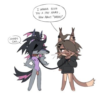 1boy 1girl animal_ears black_hair black_jacket brown_hair clothed_female_nude_male collar english_text furrification furry furry_male highres jacket juliana_(pokemon) kieran_(pokemon) knifedragon leash long_sleeves multicolored_hair nintendo nipples nude open_mouth penis pink_hair pokemon pokemon_sv red_collar short_hair simple_background speech_bubble standing tail two-tone_hair uncensored white_background