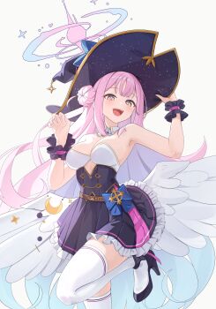 1girl absurdres armpits bare_arms bare_shoulders black_shoes blue_archive blush breasts daran9 dress hair_bun halo hat high_heels highres large_breasts long_hair looking_at_viewer low_wings mika_(blue_archive) open_mouth pink_hair purple_dress purple_halo purple_hat shoes sidelocks single_side_bun sleeveless sleeveless_dress solo teeth thighhighs upper_teeth_only white_thighhighs white_wings wings witch_hat wrist_cuffs yellow_eyes