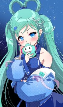 1girl aqua_hair blue_eyes blue_jacket blush braid braided_hair_rings closed_mouth commentary_request earrings hair_between_eyes hair_ornament hair_rings hatsune_miku heart heart_earrings highres holding jacket jewelry kouki_kuu long_hair long_sleeves magical_mirai_(vocaloid) magical_mirai_miku magical_mirai_miku_(2025) official_alternate_costume official_alternate_hairstyle open_clothes open_jacket shirt sky sleeveless sleeveless_shirt smile solo star_(sky) star_(symbol) star_hair_ornament starry_sky twintails very_long_hair vocaloid