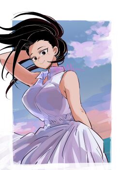 1girl absurdres arm_at_side arm_behind_head bare_arms bibiri_(r42r98r) black_eyes black_hair boku_no_hero_academia border breasts closed_mouth cloud collared_dress commentary_request cowboy_shot dress dusk floating_hair highres large_breasts looking_at_viewer ocean outdoors outside_border sky smile solo white_border white_dress yaoyorozu_momo