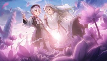 2girls absurdres belt beret black_belt black_dress black_hat blonde_hair bloomers commentary dress flower frilled_dress frills from_below gradient_hair hair_flower hair_ornament hat highres hikami_meruru hime_cut holding_hands long_hair looking_at_another magical_girl mahou_shoujo_no_majo_saiban multicolored_hair multiple_girls o-ring o-ring_thigh_strap open_mouth pink_eyes pink_flower pointing priestess purple_eyes sakuraba_ema short_hair tearing_up thigh_strap underwear veil white_bloomers white_flower white_veil x_hair_ornament zhongchun_ci