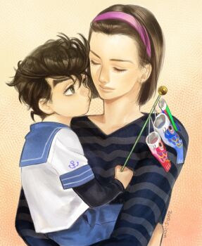 1boy 1girl age_difference aged_down bad_id bad_pixiv_id black_hair carrying child child_carry closed_eyes hairband higashikata_josuke higashikata_tomoko icym jojo_no_kimyou_na_bouken layered_sleeves long_sleeves mother_and_son no_bangs pompadour shirt short_hair short_over_long_sleeves short_sleeves striped_clothes striped_shirt
