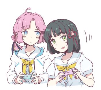 2girls ahoge anyoji_hime black_hair blonde_hair blue_eyes blunt_bangs blunt_ends blush bob_cut closed_mouth collarbone colored_tips commentary_request controller dress flower flower_knot game_controller green_eyes hair_flower hair_ornament hasu_no_sora_school_uniform holding holding_controller holding_game_controller hood hooded_jacket jacket leaning_to_the_side link!_like!_love_live! long_hair looking_at_another love_live! momose_ginko motion_lines multicolored_hair multiple_girls neckerchief open_clothes open_jacket open_mouth pink_flower pink_hair playing_games playstation_controller puffy_short_sleeves puffy_sleeves sailor_collar sailor_dress school_uniform short_hair short_sleeves sidelocks sio_pasta summer_uniform sweatdrop three-quarter_sleeves virtual_youtuber white_dress white_jacket white_sailor_collar yellow_neckerchief