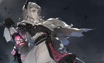 1girl arknights black_gloves black_jacket breasts cape capelet commentary earrings english_commentary gloves grey_hair guest_art gun handgun head_wings holding holding_lantern holding_sword holding_weapon holstered irene_(arknights) jacket jewelry kuno_(runkunochan) lantern long_hair long_sleeves pink_skirt skirt solo sword weapon white_capelet white_skirt white_sleeves wings
