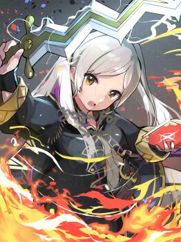 1girl black_robe book female_robin_(fire_emblem) fire fire_emblem fire_emblem_awakening grey_background highres hirotaka_(hrtk990203) holding holding_book holding_sword holding_weapon hooded_robe levin_sword long_hair long_sleeves looking_at_viewer lower_teeth_only nintendo open_book open_clothes open_mouth open_robe parted_bangs robe shirt simple_background smile solo sword teeth tongue twintails weapon white_hair white_shirt yellow_eyes