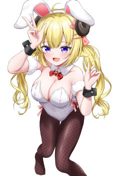 1girl :d absurdres ahoge bare_shoulders black_wrist_cuffs blonde_hair bow bowtie breasts brown_pantyhose cleavage collar collarbone covered_navel curled_horns curly_hair detached_collar feet fishnet_pantyhose fishnets foot_out_of_frame fur_armlet hair_ornament hairband hairclip hand_to_head hands_up highres hololive horns large_breasts leotard light_blush long_hair looking_at_viewer low_twintails no_shoes open_mouth pantyhose parallel_hairclips pink_ribbon playboy_bunny purple_eyes rabbit_ears red_bow red_bowtie ribbon rinkaa_(lovelive765pro2) simple_background smile solo standing strapless strapless_leotard thigh_gap tsunomaki_watame twintails v virtual_youtuber white_background white_collar white_hairband white_leotard wrist_cuffs