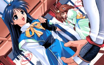 Rule 34 | 1other, 2girls, :d, amazuyu tatsuki, blue dress, blue eyes, blue hair, clenched hand, closed eyes, comedic sweatdrop, cosplay, crown, dress, dutch angle, fingerless gloves, game cg, gloves, green dress, hat, kawai yukiko, kinoshita rumi, long hair, mitre, multiple girls, open mouth, pc-98 (style), pia carrot (series), pia carrot e youkoso!!, pixel art, smile