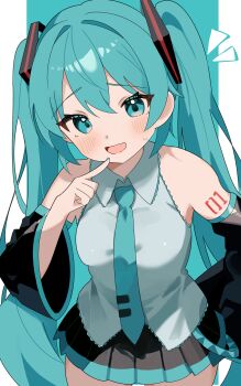 1girl absurdres aqua_eyes aqua_hair coco_irasuto collar detached_sleeves hair_ornament hatsune_miku highres long_hair looking_at_viewer necktie number_tattoo open_mouth pointing pointing_at_self shirt skirt tattoo twintails very_long_hair vocaloid