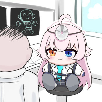 Rule 34 | 1girl, ahoge, aqua necktie, blue archive, blue eyes, character doll, doctor, doll, doodle sensei (blue archive), hair between eyes, halo, heterochromia, highres, hoshino (blue archive), indoors, long hair, long sleeves, looking at viewer, necktie, peppo-mk3, pink hair, pink halo, pleated skirt, sensei (blue archive), shirt, skirt, white shirt, x-ray film, yellow eyes