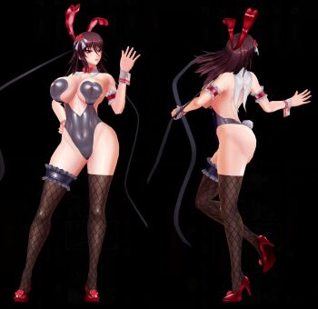 1girl 3d action_taimanin animal_ears ass black_leotard blush breasts cleavage curvy detached_collar fake_animal_ears highleg highleg_leotard highres huge_ass huge_breasts leotard lilith-soft looking_at_viewer mizuki_shiranui multiple_views official_alternate_costume rabbit_ears screencap smile standing taimanin_(series) taimanin_yukikaze thighhighs thong_leotard
