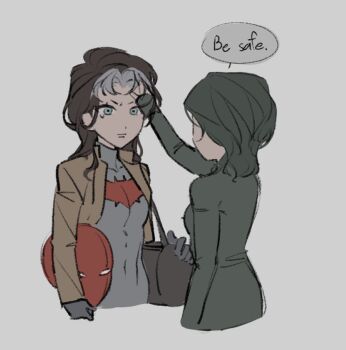 Rule 34 | 2girls, batman (series), black hair, bodysuit, breasts, bruce wayne, dc comics, english text, genderswap, genderswap (mtf), grey bodysuit, jason todd, large breasts, long hair, minjmingg, multicolored bodysuit, multiple girls, muscular, muscular female, open mouth, red hood (dc), simple background, superhero costume, two-tone bodysuit