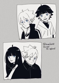 2boys 2girls age_comparison blue_eyes blunt_bangs boruto:_naruto_next_generations boruto:_two_blue_vortex brother_and_sister choker cloak collared_cloak commentary dual_persona facial_mark greyscale highres jacket long_hair monochrome multiple_boys multiple_girls naruto_(series) onka_(aun_ka28) short_hair siblings spot_color symbol-only_commentary uzumaki_boruto uzumaki_himawari whisker_markings
