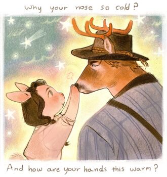 1boy 1girl ? animal_ears animal_nose antlers arthur_morgan aura belle_(kunnuscumnus) black_hat black_neckerchief blonde_hair blue_eyes blue_shirt border braid brown_hair closed_mouth collared_shirt colored_skin commentary cowboy cowboy_hat cowboy_western deer_antlers deer_boy deer_ears english_commentary english_text fading_border falling_star from_side furrification furry hair_over_one_eye hand_on_another&#039;s_face hat height_difference highres horns kunnuscumnus light_blush light_smile looking_at_another neckerchief no_sclera original rabbit_ears rabbit_girl rabbit_tail red_dead_redemption_(series) red_dead_redemption_2 shirt short_hair shoulder_belt single_braid sky sleeves_rolled_up star_(sky) starry_sky striped_clothes striped_shirt tail vertical-striped_clothes vertical-striped_shirt western white_border white_shirt white_skin