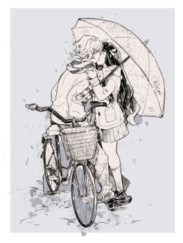 1boy 1girl agatsuma_zenitsu alternate_costume bicycle border commentary couple eiko_znnz from_side full_body grey_background greyscale hetero highres jacket kamado_nezuko kimetsu_no_yaiba kiss kneehighs long_hair monochrome pants rain scarf shared_umbrella shoes short_hair simple_background skirt socks standing striped_clothes striped_scarf umbrella white_border