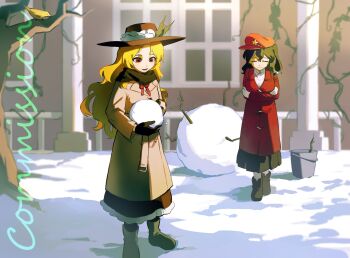 2girls animal bare_tree bird black_boots black_hair black_hat black_pantyhose black_scarf black_skirt blonde_hair boots bow bowtie branch brown_coat bucket building_snowman buttons closed_eyes closed_mouth coat cold collared_coat collared_shirt crossed_arms day dolls_in_pseudo_paradise favnvs_(s910a_ib6) frilled_headwear frilled_skirt frills full_body grey_boots hair_bow hair_ornament hat hat_ornament highres holding holding_snowball jacket_girl_(dipp) label_girl_(dipp) lapels leaf_hat_ornament long_hair long_skirt mandarin_collar multiple_girls newsboy_cap notched_lapels one_side_up outdoors pantyhose plant pleated_skirt railing red_bow red_bowtie red_eyes red_hat scarf shirt sideways_hat skirt snowball standing star_(symbol) star_hair_ornament touhou tree very_long_hair vines wavy_hair white_bow white_shirt window winter winter_clothes winter_coat yellow_bird