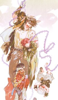 5boys aged_down arm_guards artist_name bandages bandages_over_eyes battle_tendency belt black_hair black_hat blue_eyes brown_hair brown_hat brown_pants carrying carrying_over_shoulder carrying_person carrying_under_arm chain coat commentary_request cowboy_hat flattop gloves green_coat hat headband hermit_purple highres hugging_another's_leg jean_pierre_polnareff jewelry jojo_no_kimyou_na_bouken joseph_joestar joseph_joestar_(young) kakyoin_noriaki kuujou_joutarou male_focus mohammed_avdol multiple_boys necklace oversized_clothes pants peaked_cap polo_shirt red_hair red_robe robe shirt_tucked_in stardust_crusaders sweat untabunta wavy_mouth white_gloves white_hair white_headband