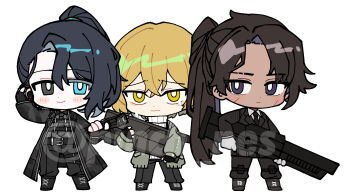 Rule 34 | 3boys, aqua eyes, black boots, black coat, black eyes, black jacket, black necktie, black pants, blonde hair, boots, chibi, coat, collared shirt, dark-skinned male, dark skin, fingerless gloves, full-stop office (identity) (project moon), full body, gloves, gun, hashtag-only commentary, heathcliff (project moon), heterochromia, highres, holding, holding gun, holding weapon, hong lu (project moon), jacket, limbus company, looking to the side, male focus, multiple boys, necktie, pants, pinch (nesume), project moon, purple eyes, shirt, simple background, sinclair (project moon), weapon, weapon case, white background, white shirt, yellow eyes
