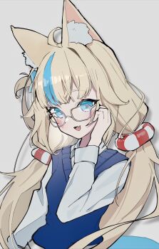 1girl :d ahoge alternate_costume animal_ear_fluff animal_ears bespectacled blonde_hair blue_eyes blue_streaks blue_sweater_vest blush brianlee709 cat_ears cat_girl commentary english_commentary fang glasses grey-framed_eyewear grey_background highres indie_virtual_youtuber lifebuoy_hair_ornament long_hair long_sleeves looking_at_viewer low_twintails multicolored_hair open_mouth sameko_saba shirt simple_background skin_fang smile solo streaked_hair sweater_vest twintails upper_body very_long_hair virtual_youtuber white_shirt