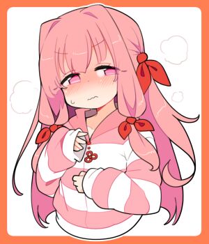 Rule 34 | 1girl, blush, border, bow, commentary request, cropped torso, hair bow, highres, ini (inunabe00), kotonoha akane, long hair, long sleeves, looking at viewer, nose blush, orange border, outline, outside border, pink eyes, pink hair, pink sweater, puff of air, red bow, simple background, solo, striped clothes, striped sweater, sweatdrop, sweater, voiceroid, wavy mouth, white background, white outline