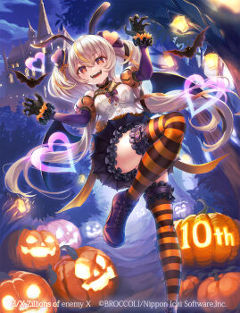 1girl animal_ears bat_(animal) bat_wings black_gloves blonde_hair building castle claw_pose copyright_notice detached_sleeves dress fang gloves grey_hair hair_ornament halloween halloween_costume hastur_(z/x) hat heart heart-shaped_pupils heart_hair_ornament highres jack-o&#039;-lantern long_hair mini_hat multicolored_hair night night_sky official_art open_mouth orange_eyes outdoors pondel purple_shoes rabbit_ears shoes sky standing standing_on_one_leg striped_clothes striped_thighhighs symbol-shaped_pupils teeth thighhighs tree twintails wings z/x
