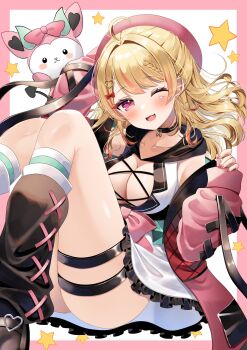 1girl black_shoes blonde_hair blush border bow breasts character_request collarbone copyright_request fingernails floating floating_hair hair_ornament hashtag-only_commentary heart heart_hair_ornament highres jacket large_breasts long_hair pink_border pink_bow pink_jacket red_nails shoes simple_background sitting solo star_(symbol) toy