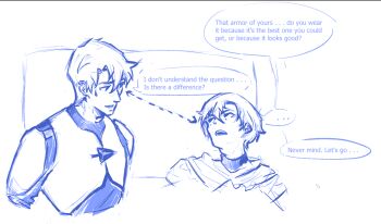 Rule 34 | ..., 2boys, bags under eyes, commentary, ellieaedon, english commentary, english text, height difference, highres, kai (shadow slave), looking at another, male focus, multiple boys, scarf, shadow slave, shoulder pads, speech bubble, spoken ellipsis, sunny (shadow slave), talking, tunic, upper body