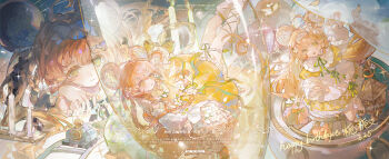 1girl absurdres ahoge animal animal_ears blonde_hair bow braid candle closed_mouth commission dress eyelashes flower green_eyes hair_bow hair_flower hair_ornament hairband happy_birthday highres long_hair long_sleeves looking_at_viewer mihuashi_commission mouse_girl multiple_views original parted_lips sidelocks white_flower white_hairband xiaohua_bao yellow_dress