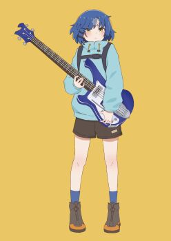 Rule 34 | 1girl, absurdres, bass guitar, blue hair, blue hoodie, blue socks, bocchi the rock!, brown footwear, brown shorts, cosplay, bass guitar, flcl, full body, gauze, gauze on forehead, highres, holding, holding instrument, hood, hoodie, instrument, mole, mole under eye, nandaba naota, nandaba naota (cosplay), rickenbacker, rickenbacker 4001, short hair, short shorts, shorts, socks, solo, yamada ryo, yellow background, yellow eyes, zephda