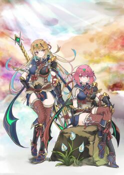 Rule 34 | alternate costume, breasts, kamura (armor), large breasts, monster hunter (series), monster hunter rise, mythra (xenoblade), pyra (xenoblade), red eyes, red hair, revision, sofusan1526, xenoblade chronicles (series), xenoblade chronicles 2