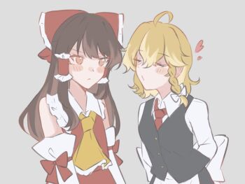 Rule 34 | 2girls, ahoge, apron, ascot, back bow, black vest, blonde hair, blush, bow, braid, brown eyes, brown hair, carin (c arin1012), collared shirt, commentary request, detached sleeves, frilled bow, frilled hair tubes, frills, hair bow, hair tubes, hakurei reimu, hat, imminent kiss, kirisame marisa, long hair, multiple girls, necktie, no headwear, red bow, red necktie, red skirt, shirt, side braid, single braid, skirt, skirt set, touhou, vest, waist apron, white bow, white shirt, yellow ascot, yuri