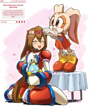 2girls brown_hair chao_(sonic) closed_eyes cream_the_rabbit full_body group_picture headset highres iris_(mega_man) kneeling mega_man_(series) mega_man_x_(series) multiple_girls request_inset sonic_(series) sulus_spir1t