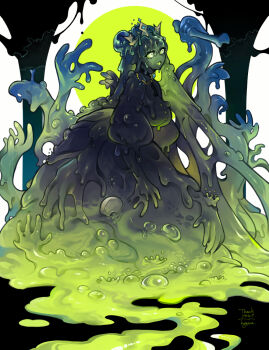 1girl bone breasts colored_skin commentary_request extra_arms full_body green_eyes green_hair green_skin green_theme highres hogara huge_breasts long_hair looking_to_the_side monster_girl original puffy_sleeves skull slime_girl solo tiara very_long_hair white_background