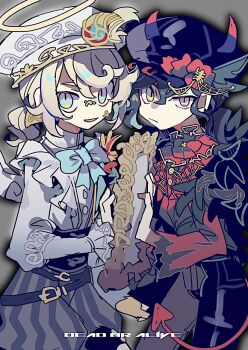 2boys androgynous angel_and_devil beret black_hair black_pants black_vs_white blonde_hair blue_eyes demon_tail dual_persona edgar_valden edgar_valden_(golden_ratio) edgar_valden_(multicolor_printing) flower frilled_shirt frills hair_between_eyes half-closed_eye halo hat hat_flower highres horns identity_v looking_at_viewer male_focus mdr_31 multiple_boys no_nose official_alternate_costume pants ponytail puffy_shorts red_shirt shirt shorts smile striped_clothes striped_shorts tail trap vertical-striped_clothes vertical-striped_shorts white_shirt yellow_eyes yellow_halo