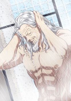Rule 34 | 1boy, abs, adam's apple, beard, closed eyes, collarbone, commentary request, facial hair, grey hair, highres, male focus, musasabiop, muscular, muscular male, mustache stubble, nipples, old, old man, one piece, parted lips, scar, scar on chest, showering, silvers rayleigh, solo, stubble, washing hair, wrinkled skin