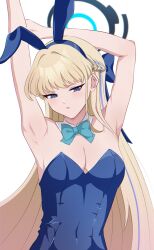 Rule 34 | 1girl, animal ears, armpits, arms up, blonde hair, blue archive, blue bow, blue bowtie, blue eyes, blue hairband, blue halo, blue leotard, bow, bowtie, breasts, cleavage, detached collar, fake animal ears, fiftya, hairband, halo, highres, holding own arm, leotard, long hair, medium breasts, multicolored hair, official alternate costume, parted lips, playboy bunny, rabbit ears, simple background, strapless, strapless leotard, streaked hair, toki (blue archive), toki (bunny) (blue archive), upper body, very long hair, white background