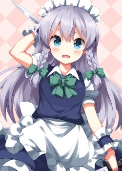 Rule 34 | 1girl, alternate hair length, alternate hairstyle, apron, arm up, blue dress, blue eyes, blush, bow, bowtie, braid, checkered background, collared shirt, commentary request, cowboy shot, dress, frilled apron, frilled dress, frills, green bow, green bowtie, grey hair, hair bow, highres, holding, holding knife, izayoi sakuya, knife, looking at viewer, maid, maid headdress, open mouth, pink background, ruu (tksymkw), shirt, short sleeves, solo, touhou, twin braids, waist apron, white apron, white shirt, wrist cuffs