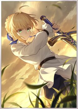 1girl ahoge artoria_pendragon_(fate) blonde_hair blue_ribbon braid caliburn_(fate) cloud cloudy_sky dress fate/stay_night fate/unlimited_blade_works fate_(series) fighting_stance grasslands green_eyes hair_ribbon highres holding holding_sword holding_weapon honkai:_star_rail honkai_(series) long_sleeves official_art outdoors ready_to_draw ribbon saber_(fate) serious sky solo standing sword third-party_source weapon white_dress