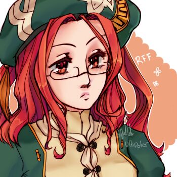 1girl buttons closed_mouth commentary copyright_name drop_(rune_factory) english_commentary green_hat hat highres orange_background outline pale_skin portrait rectangular_eyewear red_eyes red_hair rune_factory rune_factory_frontier signature solo split_mouth twintails ultipoter white_outline