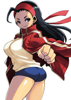 Rule 34 | 1girl, absurdres, ahoge, ass, black hair, blue buruma, breasts, brown eyes, buruma, capcom, from behind, gym uniform, headband, highres, iinchou (justice gakuen), jacket, justice gakuen, large breasts, long hair, long sleeves, looking at viewer, looking back, muramasa mikado, open clothes, open jacket, red jacket, shiritsu justice gakuen, shirt, smile, standing, track jacket, white background, white shirt