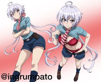 1girl absurdres ahoge aqua_shirt blue_shorts blue_socks bob_cut bra breast_pocket breasts brown_shoes closed_mouth clothes_lift clothes_pull commentary_request crossed_arms denim denim_shorts diagonal-striped_clothes diagonal-striped_necktie double-parted_bangs flashing floating_hair full_body gradient_background grin hair_between_eyes hair_ornament hair_scrunchie highres kyomeihibiki lace lace-trimmed_bra lace_trim large_breasts leaning_forward lifting_own_clothes loafers long_hair low_twintails multiple_views necktie panties pink_background pink_scrunchie pocket presenting_own_breasts pulling_own_clothes purple_eyes red_bra red_panties scrunchie senki_zesshou_symphogear shirt shirt_lift shoes short_sleeves shorts shorts_pull simple_background smile socks solo striped_clothes striped_necktie twintails two-tone_background two-tone_necktie underwear very_long_hair yukine_chris