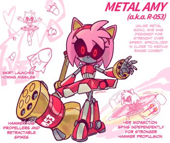 1girl amy_rose animal_ears black_sclera caffstrink colored_sclera commentary english_commentary eyelashes hairband hammer heart hedgehog_girl highres holding holding_hammer holding_weapon looking_at_viewer mechanical_arms mechanical_hands mechanical_head mechanical_legs metal_amy missiles nose pink_fur pointy_nose propeller red_eyes red_skirt robot skirt sonic_(series) spikes spinning waving weapon