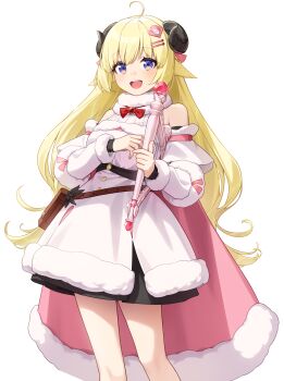 Rule 34 | 1girl, :d, absurdres, ahoge, akabino, animal ears, bare shoulders, belt pouch, black skirt, blonde hair, bow, bowtie, cape, commentary request, detached sleeves, dress, fur-trimmed dress, fur-trimmed sleeves, fur trim, hair flaps, hair ornament, hairclip, harp, highres, holding harp, hololive, horns, instrument, long hair, long sleeves, looking at viewer, miniskirt, open mouth, parallel hairclips, pouch, purple eyes, red bow, red bowtie, sheep ears, sheep girl, sheep horns, short dress, skirt, skirt under dress, smile, solo, tsunomaki watame, tsunomaki watame (1st costume), virtual youtuber, white background, white dress, white sleeves