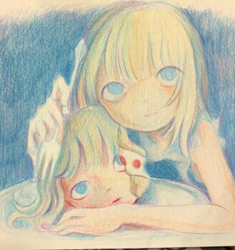 1girl absurdres blonde_hair blue_eyes cake colored_pencil_(medium) commentary eating english_commentary food fork highres holding holding_fork kapura original solo traditional_media
