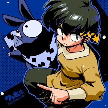 animal artist_name bandana black_hair blue_background blue_outline brown_eyes closed_mouth fang fingernails hibiki_ryouga male_focus outline p-chan pig piglet ranma_1/2 short_hair squatting wanta_(futoshi) yellow_bandana