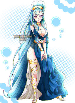 1girl alternate_costume amazon_pandora blue_hair breasts chain commentary english_commentary eyeshadow full_body gold_chain gold_choker highres hikarinotenshi.arts kid_icarus kid_icarus_uprising long_hair looking_at_viewer low_neckline makeup nintendo pandora_(kid_icarus) pink_eyes pink_eyeshadow solo standing very_long_hair watermark