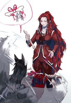 1boy 1girl animal_ears ascot black_hair bone coat cobalt_scar_(e.g.o) e.g.o_(project_moon) gebura_(project_moon) high_ponytail highres holding holding_bone library_of_ruina long_hair mid_(pixiv_63600459) pants parted_bangs ponytail project_moon red_ascot red_coat red_hair red_pants roland_(project_moon) sidelocks simple_background very_long_hair white_background wolf_ears