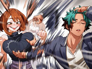 1boy 1girl :p absurdres black_sweater blush_stickers boku_no_hero_academia bouncing_breasts breasts brown_hair closed_eyes commentary_request grabbing_another's_breast green_hair groping highres large_breasts meme midoriya_izuku motion_lines naoya_hitting_choso_without_looking_(meme) shirt short_hair sleeveless sleeveless_sweater spanish_commentary sweater tongue tongue_out turtleneck turtleneck_sweater uraraka_ochako vlizz white_shirt